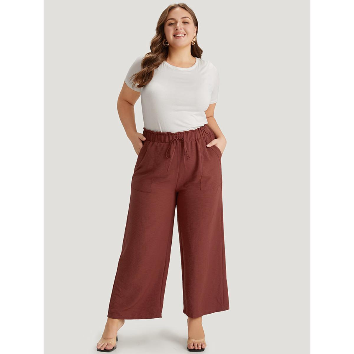Plus Size Solid Paperbag Waist Pocket Ties Pants Women Tan Elegant High Rise Dailywear Pants BloomChic 18-20/2X Product Image