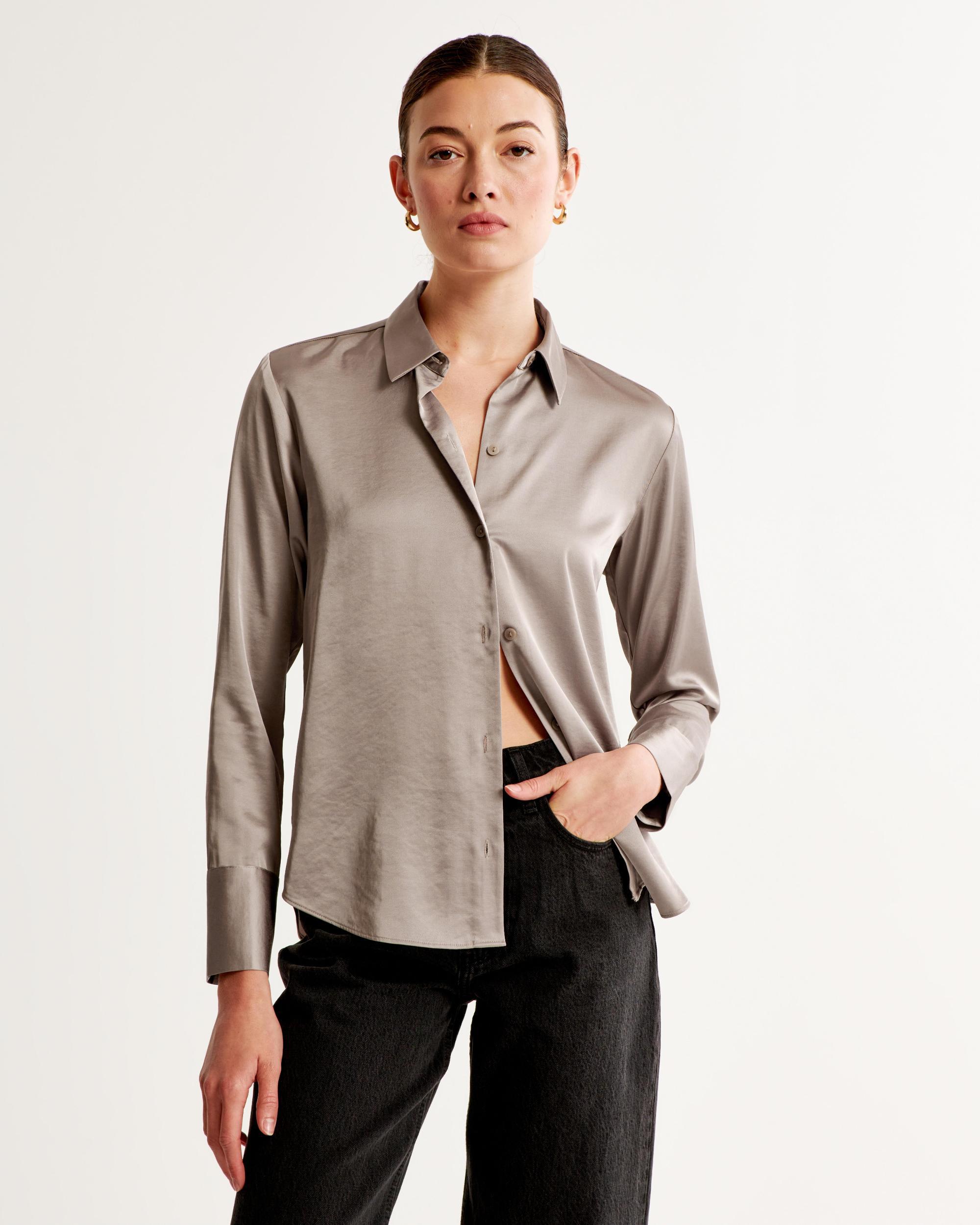 Long-Sleeve Satin Button-Up Shirt Product Image