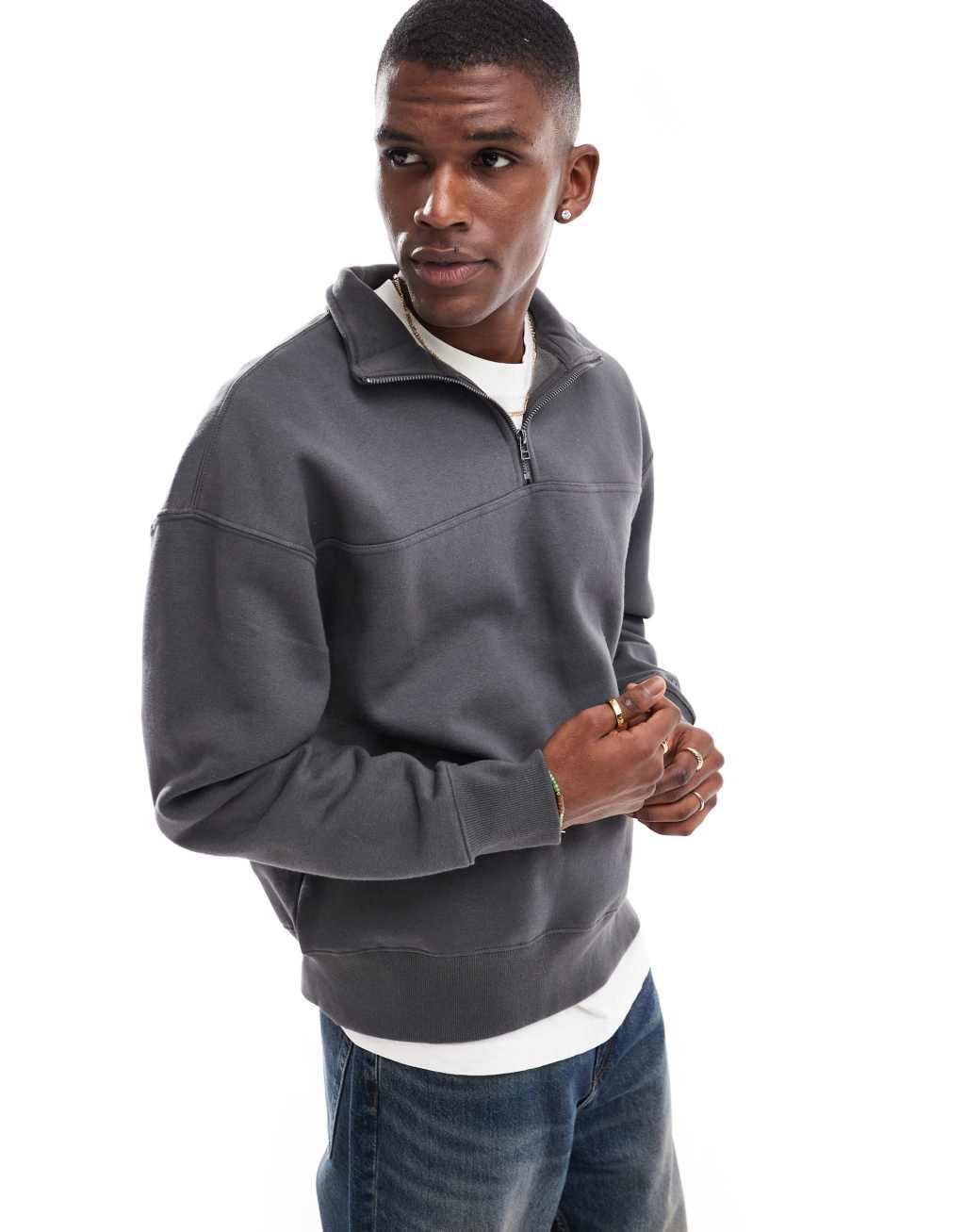 Pull&Bear 1/4 zip sweatshirt in charcoal  Product Image