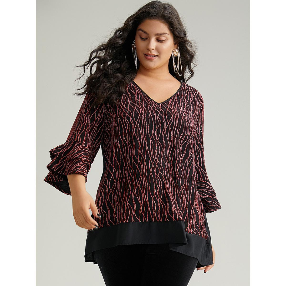 Plus Size Scarlet Lurex Layered Ruffle Sleeve Patchwork Blouse Women Glamour Elbow-length sleeve V-neck Festival-Christmas Blouses BloomChic 18-20/2X Product Image