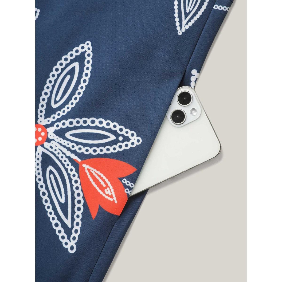 Plus Size Boho Floral Arc Neck Waist-Cinched Dress DarkBlue Women Resort Gathered V-neck Elbow-length sleeve Curvy BloomChic 14-16/1X Product Image