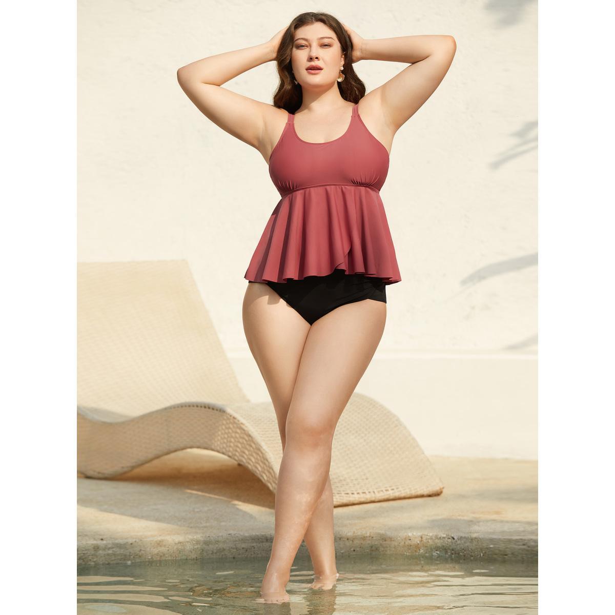 Plus Size Curvy Split Hem Flared Swim Top Women's Swimwear Russet Beach Slit High stretch Bodycon U-neck Curve Swim Tops BloomChic 28/5X Product Image