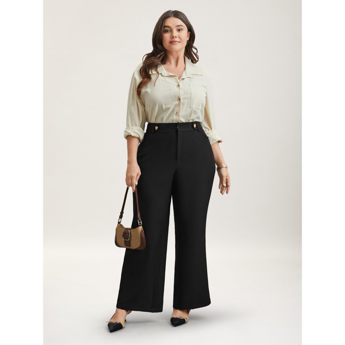 Plus Size Loop Decoration Flared Leg Pants Women Black At the Office Bootcut Mid Rise Work Pants BloomChic 22-24/3X Product Image