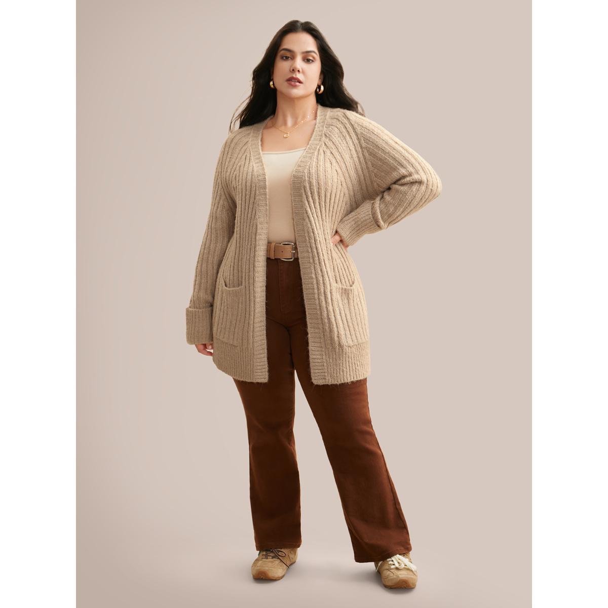 Plus Size Airy Cozy Solid Raglan Sleeve Wool Cardigan LightBrown Women Casual Loose Long Sleeve Everyday Cardigans BloomChic 26/4X Product Image