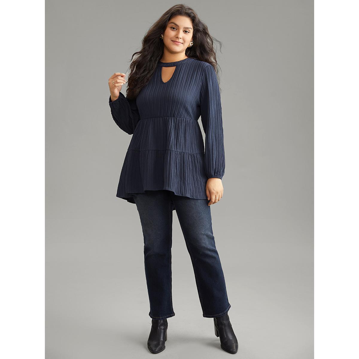 Plus Size Indigo Keyhole Textured Lantern Sleeve Layered Hem Blouse Women Casual Long Sleeve Keyhole Cut-Out Dailywear Blouses BloomChic 22-24/3X Product Image