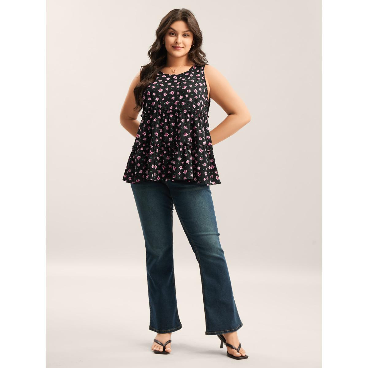 Plus Size Ditsy Floral Print Tiered Tank Top Women Black Gathered Round Neck Everyday-Elegant Tank Tops Camis BloomChic 26/4X Product Image
