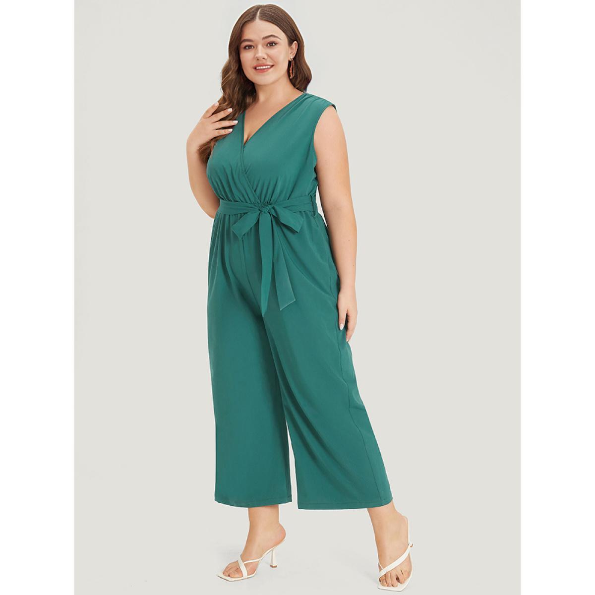 Plus Size Green Supersoft Essentials Plain Surplice Neck Belted Jumpsuit Women Elegant Sleeveless V-neck Dailywear Loose Jumpsuits BloomChic 18-20/2X Product Image