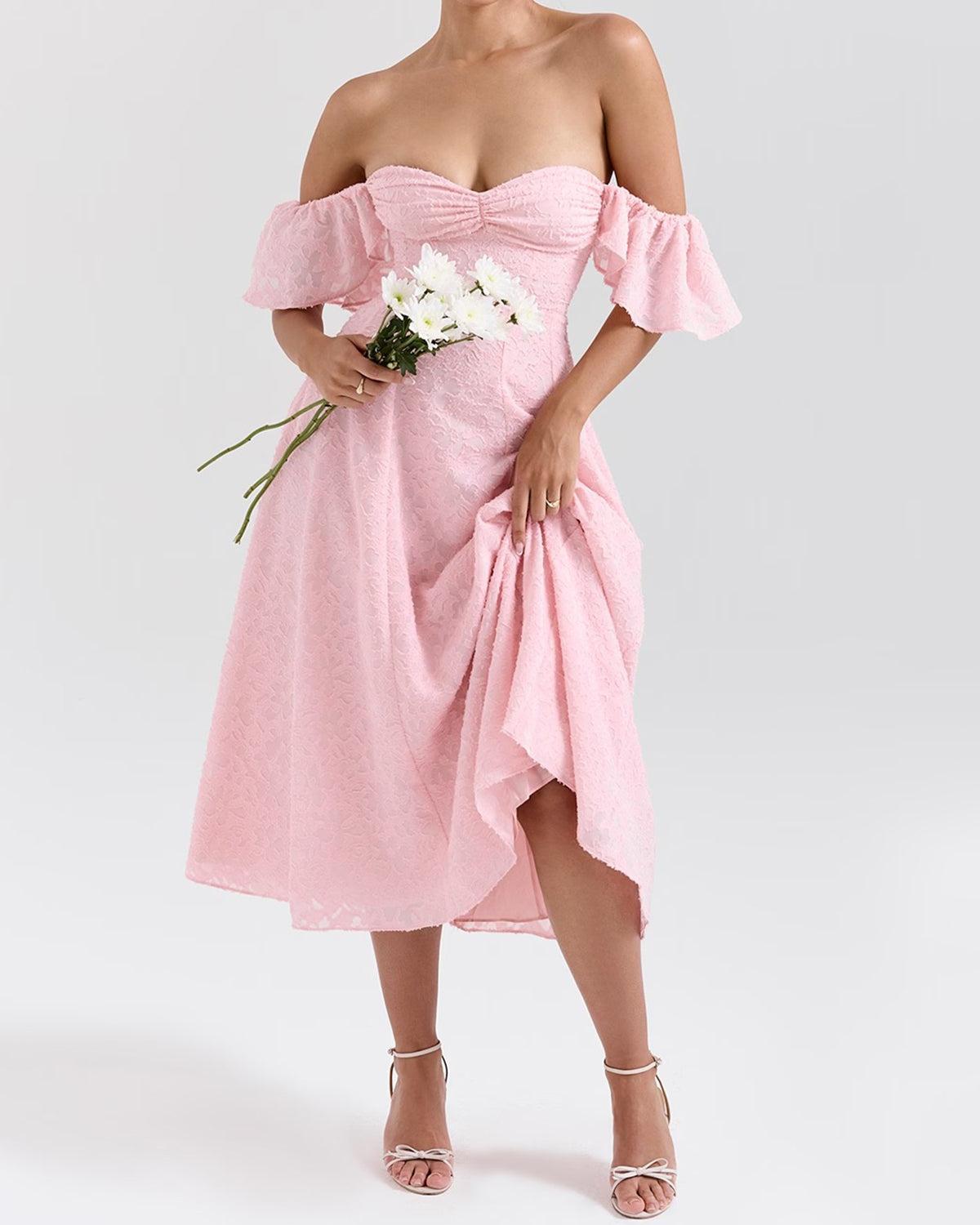 Pink Jacquard Ruched Square Neck Midi Dress Product Image