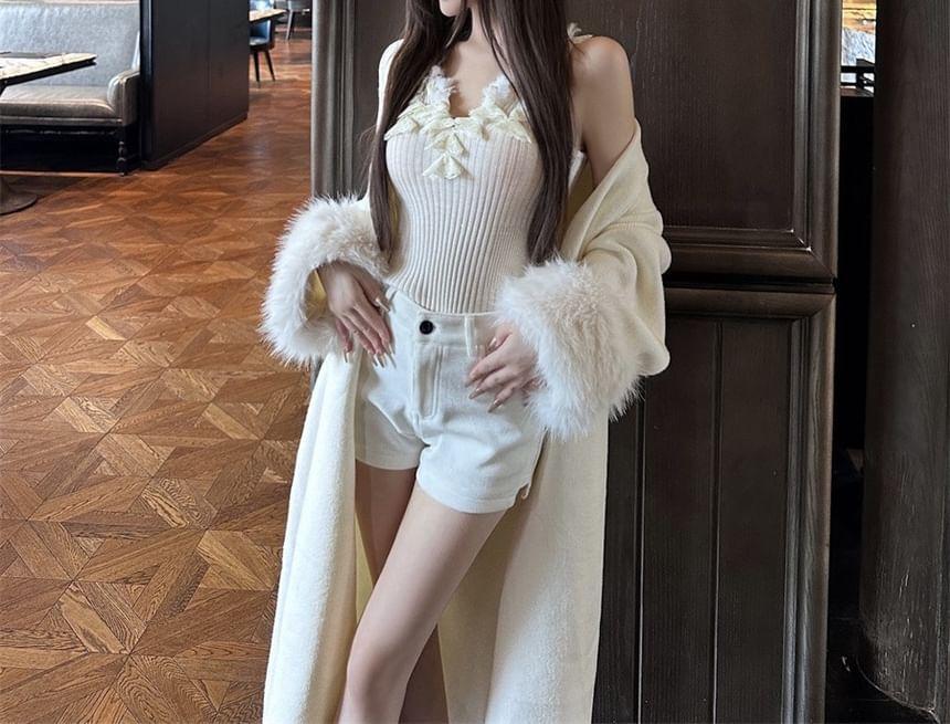 Sleeveless V-Neck Plain Fluffy Trim Panel Lace Ribbed Knit Top Product Image
