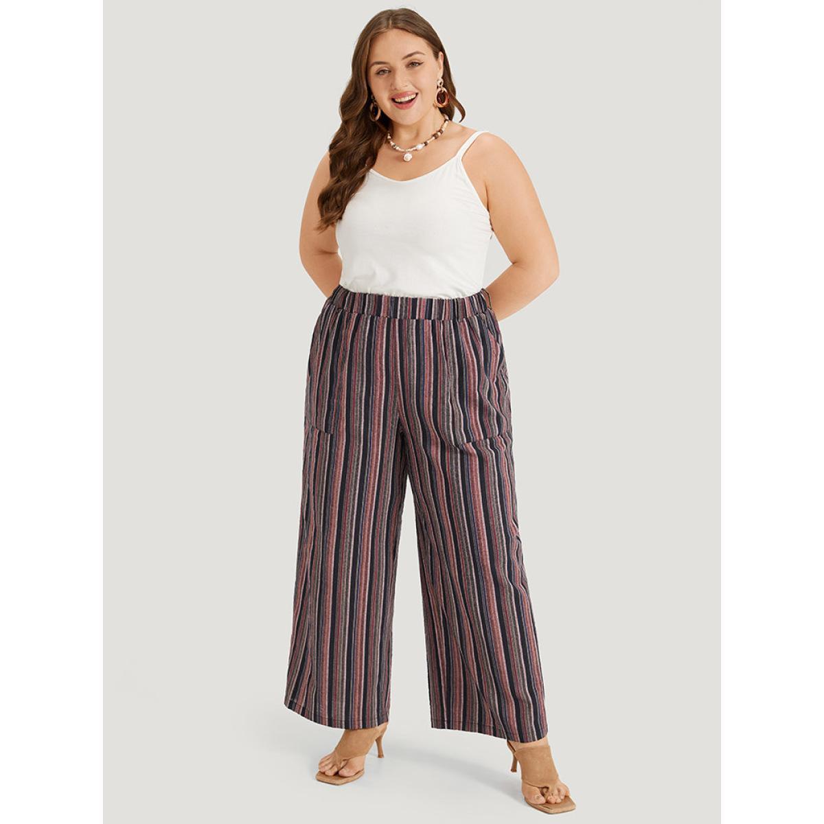 Plus Size Striped Print Pocket Elastic Waist Pants Women Indigo Resort Straight Leg High Rise Vacation Pants BloomChic 28/5X Product Image