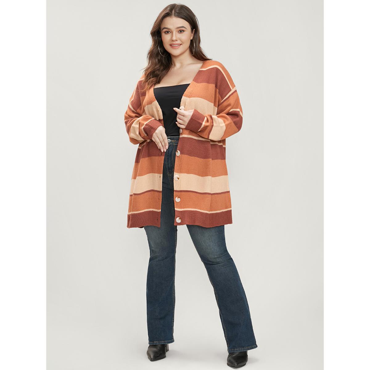Plus Size Colorblock Contrast Pointelle Knit Button Front Cardigan Bronze Women Casual Long Sleeve Dailywear Cardigans BloomChic 14-16/1X Product Image