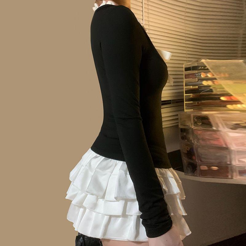 Long Sleeve Mock Two Piece Ruffled-Trim Bow Accent Slim-Fit Crop Top Product Image