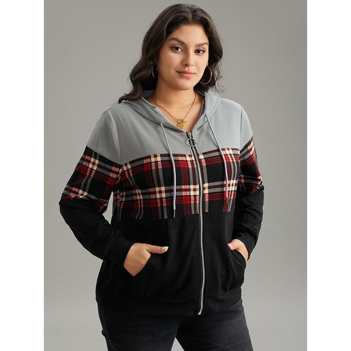 Plus Size Plaid Contrast Hooded O Ring Zipper Jacket Women Black Contrast Pocket Dailywear Jackets BloomChic 14-16/1X Product Image