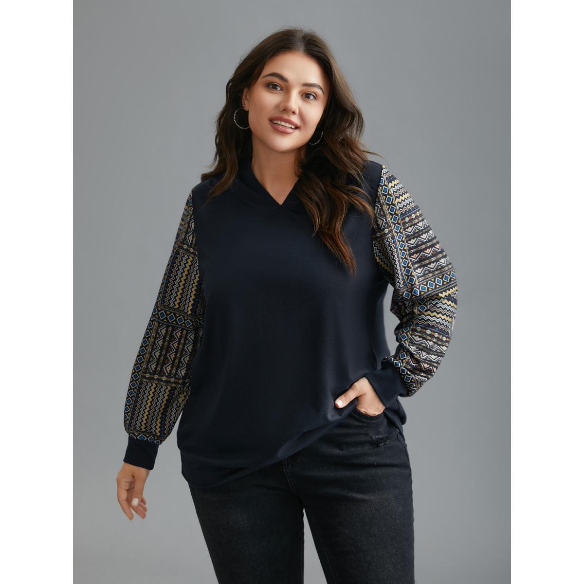Plus Size Boho Print Contrast Fabric Hooded Sweatshirt Women Midnight Casual Contrast Hooded Everyday Sweatshirts BloomChic 26/4X Product Image