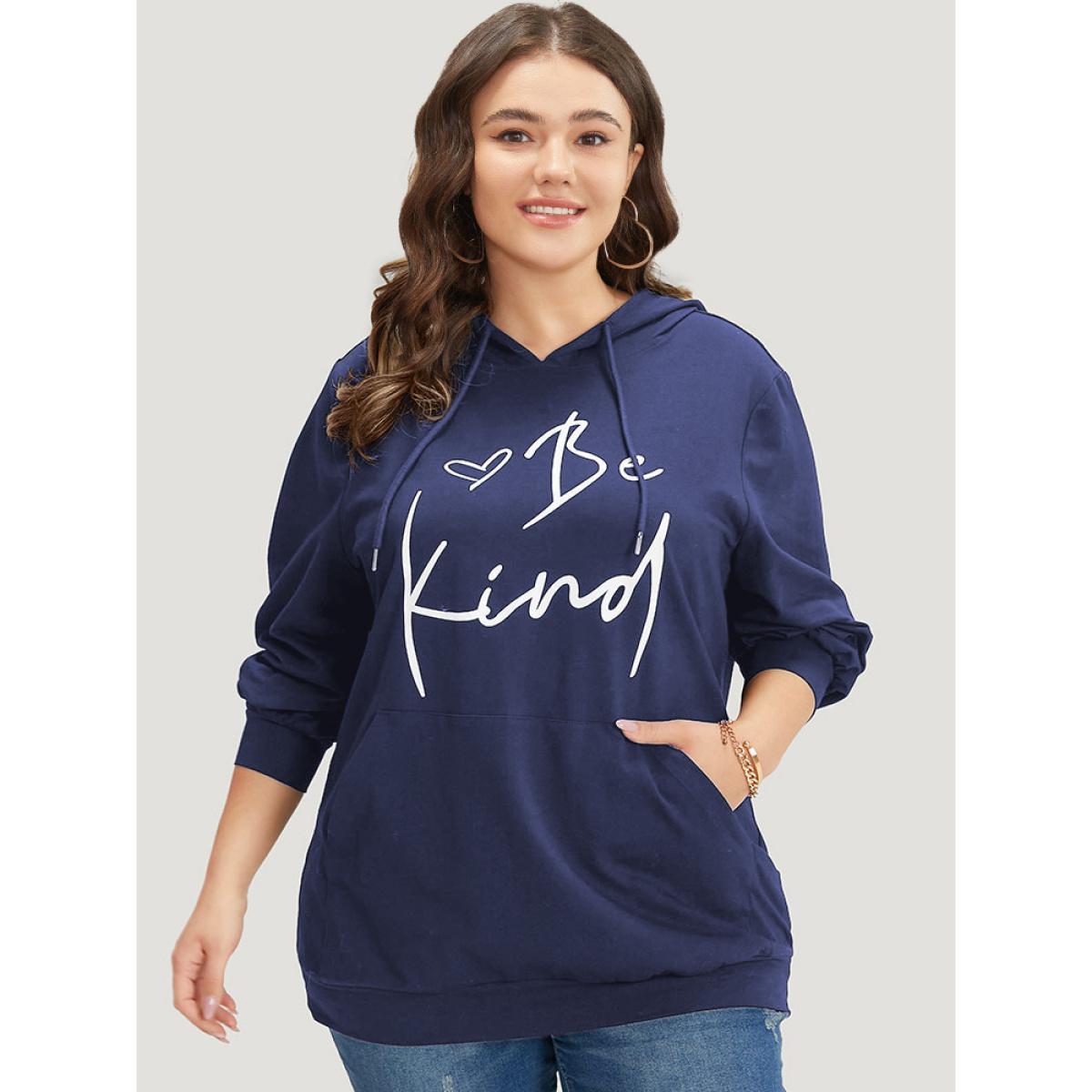 Plus Size Letter Print Pocket Drawstring Hooded Sweatshirt Women Indigo Casual Elastic cuffs Dailywear Sweatshirts BloomChic 10/M Product Image