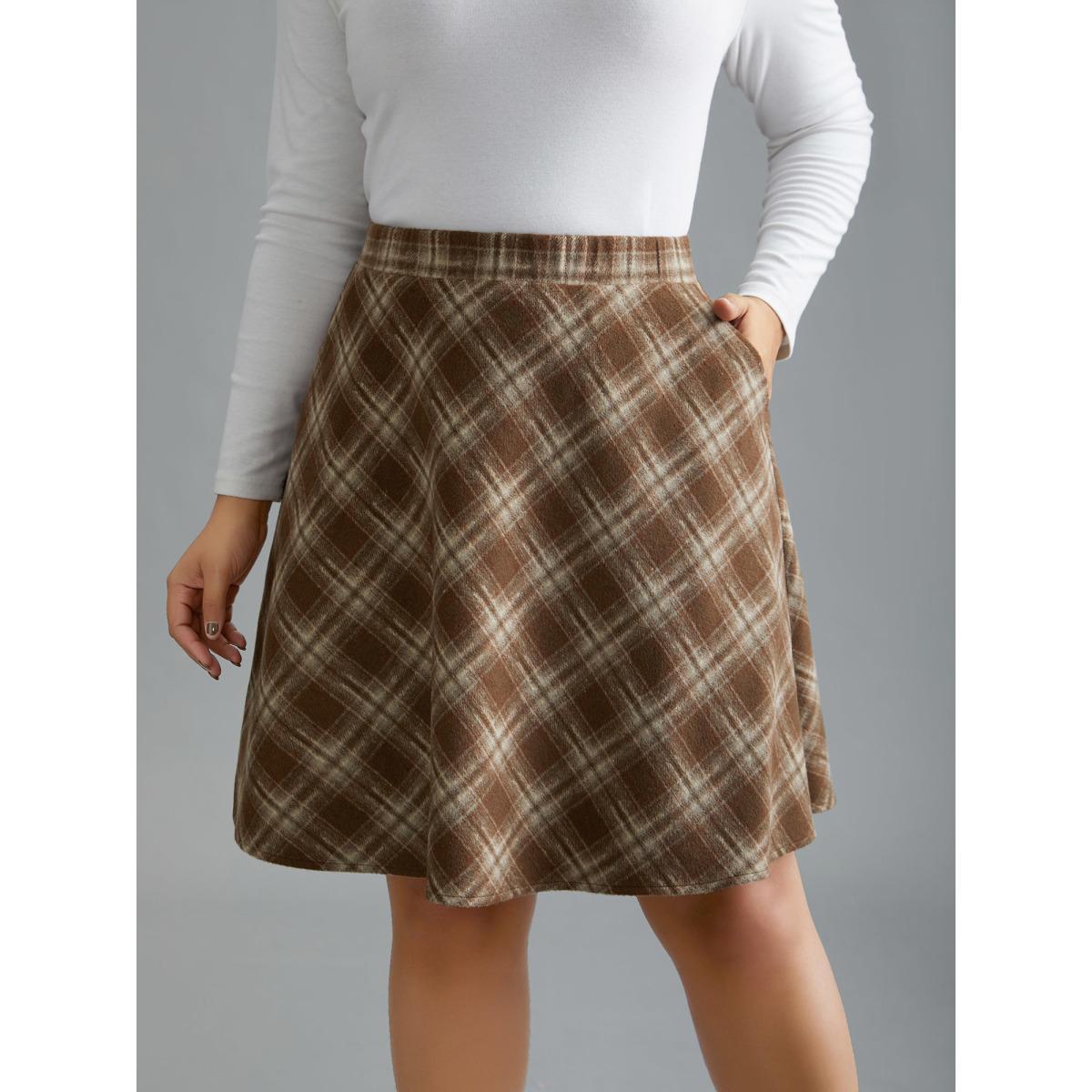 Plus Size Plaid Pattern Elastic Waist A-line Mini Skirt Women LightBrown Elegant Low stretch Slanted pocket Everyday Skirts BloomChic 18-20/2X Product Image
