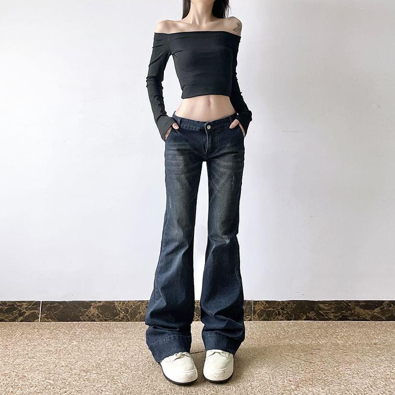 Low Waist Distressed Washed Bootcut Jeans Product Image