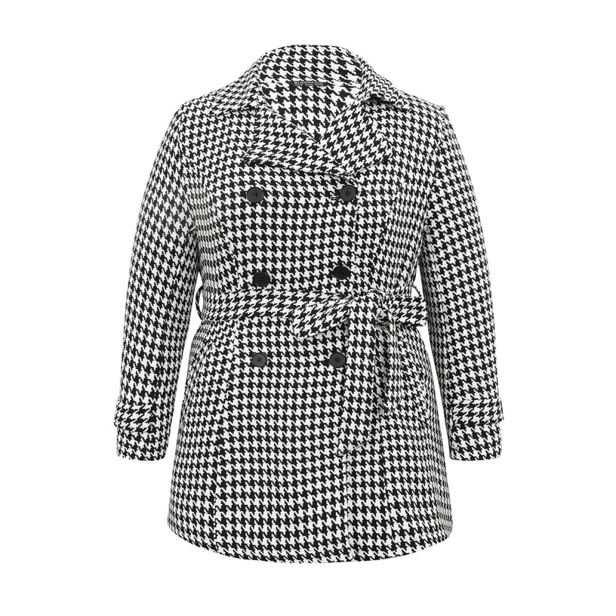 Plus Size Houndstooth Double Breasted Belted Coat Women Black Casual Lined Ladies Dailywear Winter Coats BloomChic 28/5X Product Image