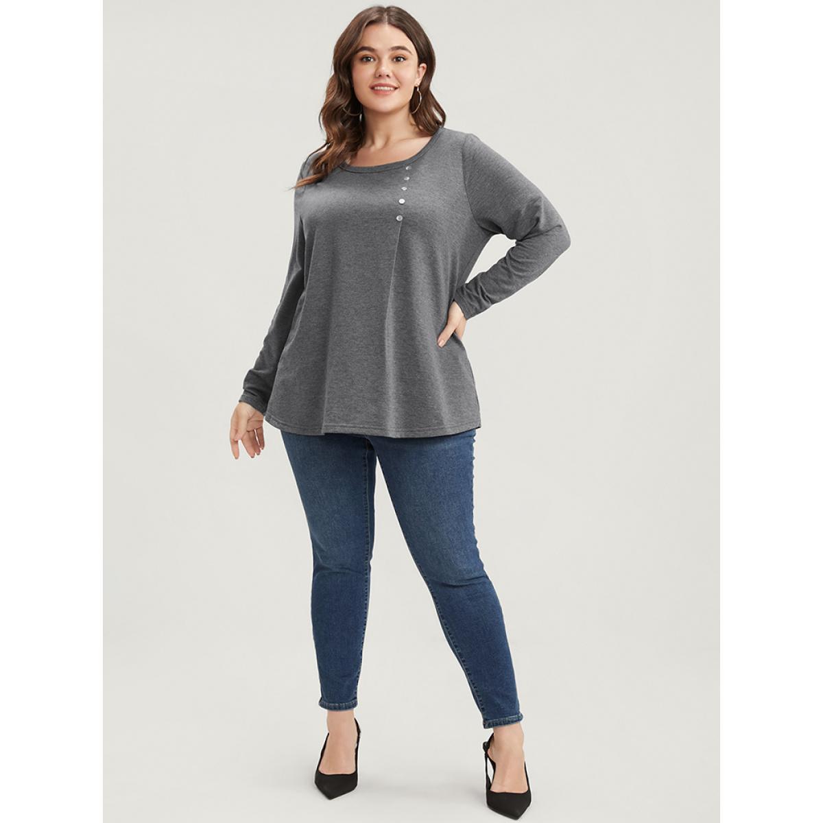 Plus Size Solid Crew Neck Button Detail Long Tee Gray Women Casual Button Plain Round Neck Dailywear T-shirts BloomChic 14-16/1X Product Image