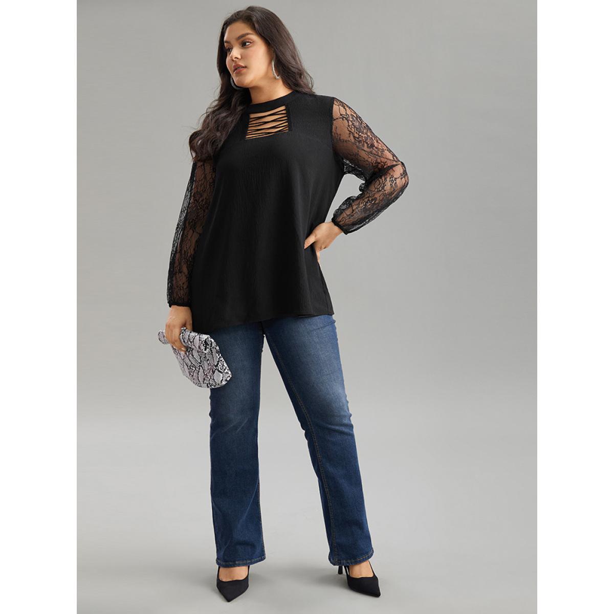 Plus Size Black Halloween Eyelet Lace Cut Out Mesh Blouse Women Elegant Long Sleeve Keyhole Cut-Out Festival-Halloween Blouses BloomChic 18-20/2X Product Image