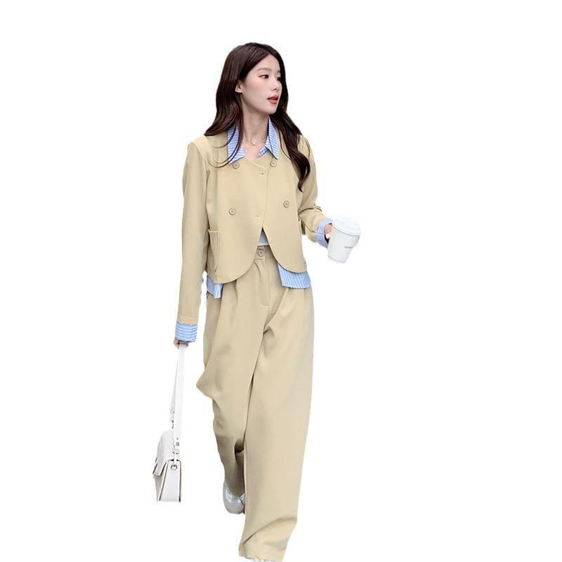 Set: Collared Striped Mock Two Piece Double Breasted Blazer + High Waist Wide Leg Dress Pants Product Image