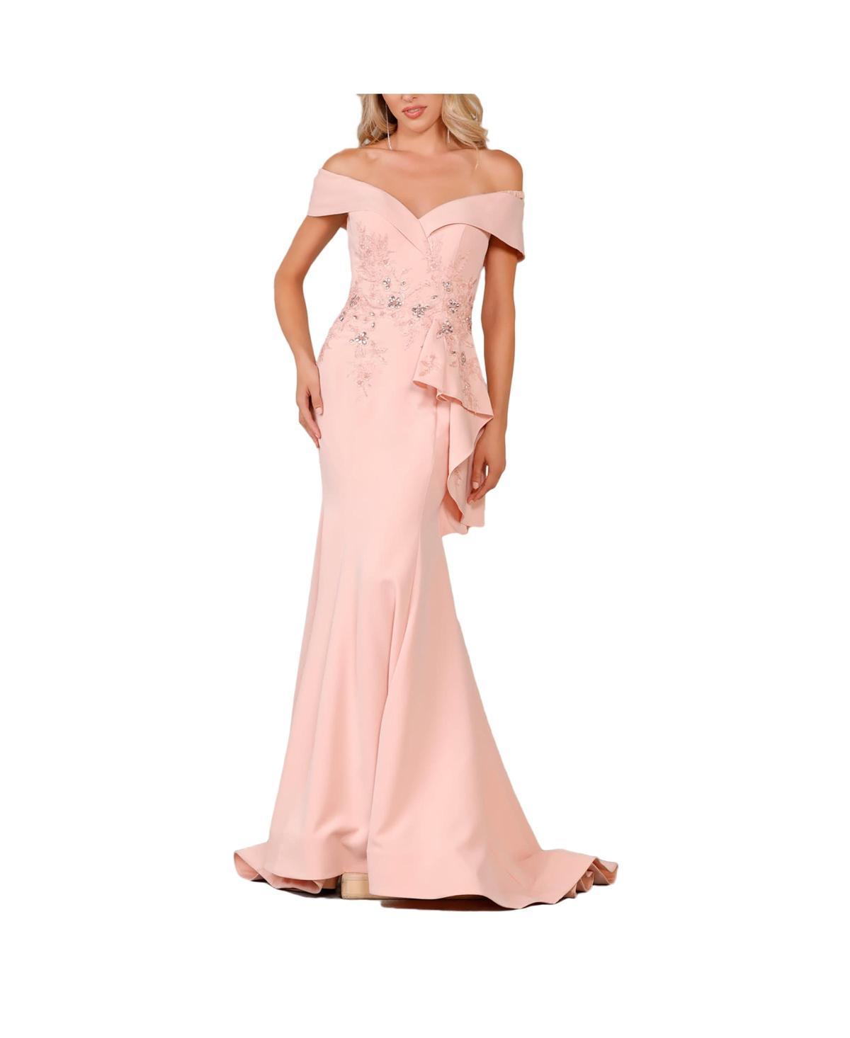 Terani Couture Off-the-Shoulder Short Sleeve Peplum Beaded Applique Mermaid Gown Product Image