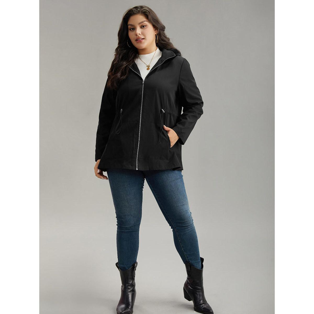 Plus Size Plain Zipper Hooded Pocket Drawstring Coat Women Black Casual Plain Ladies Dailywear Winter Coats BloomChic 26/4X Product Image