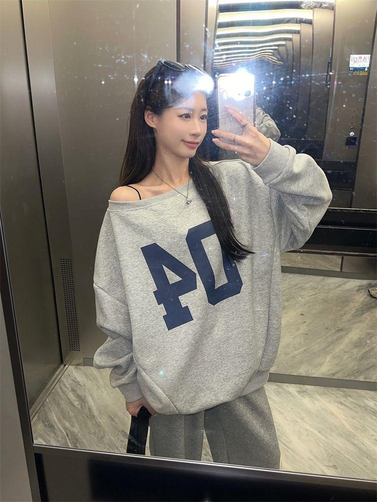 Off Shoulder Numbering Pullover / High Waist Wide Leg Sweatpants Product Image