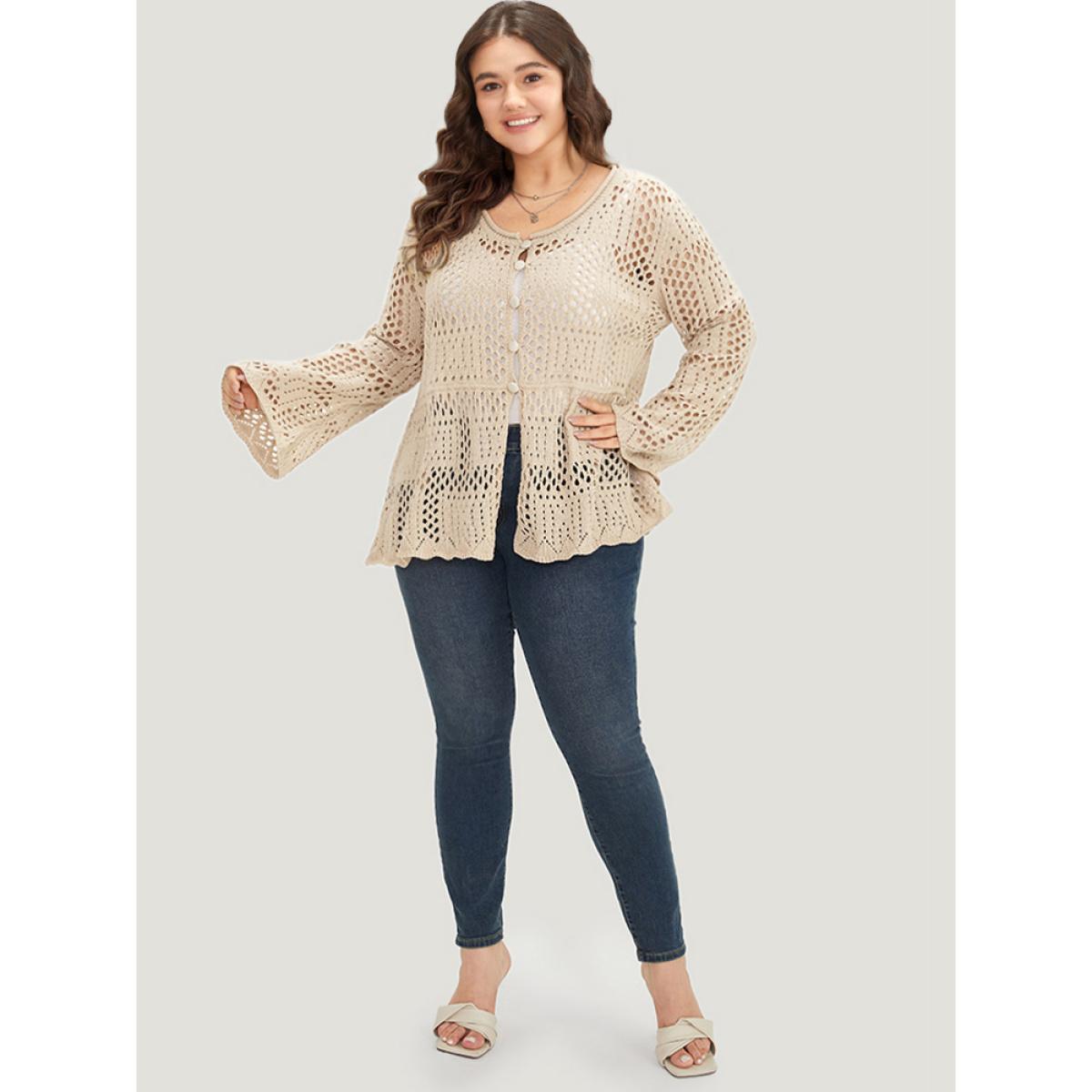 Plus Size Plain Hollow Out Button Through Bell Sleeve Cardigan Beige Women Casual Loose Long Sleeve Everyday Cardigans BloomChic 22-24/3X Product Image