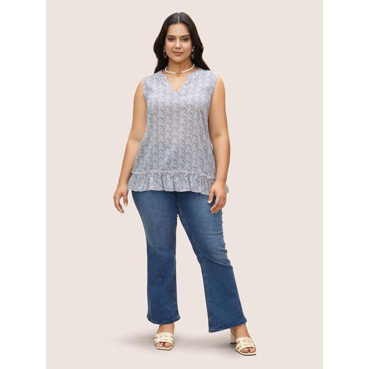 Plus Size Ditsy Floral Patchwork Ruffle Hem Tank Top Women Stone Elegant Frill Trim Notched collar Everyday Tank Tops Camis BloomChic 12/L Product Image