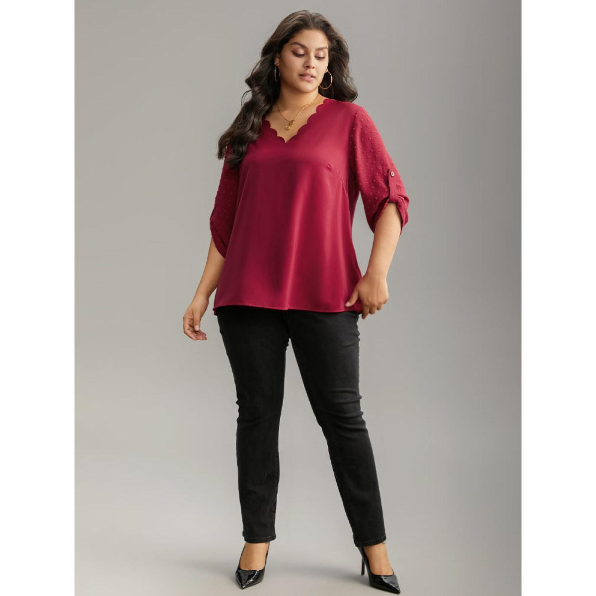 Plus Size Scarlet Plain V Neck Tab Sleeve Scalloped Trim Blouse Women Office Elbow-length sleeve V-neck Work Blouses BloomChic 28/5X Product Image