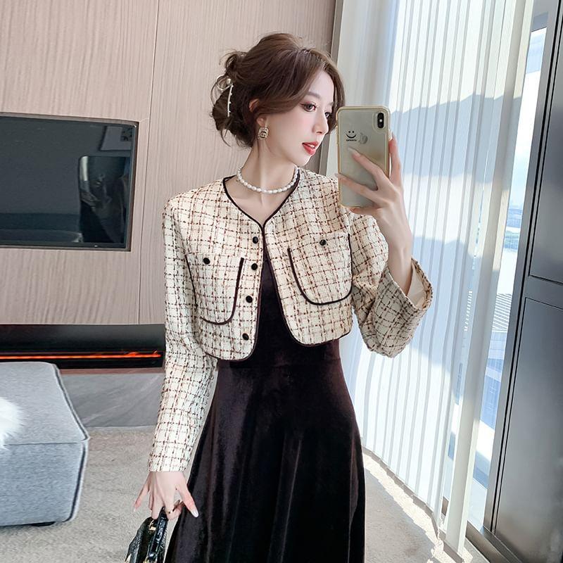 V-Neck Plaid Tweed Crop Jacket / Spaghetti Strap Plain Velvet A-Line Maxi Dress Product Image