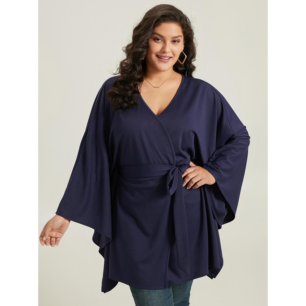 Plus Size Plain Drape Surplice Neck Belted Kimono Women Indigo Casual Drape Loose Belt Everyday Kimonos BloomChic 10/M Product Image