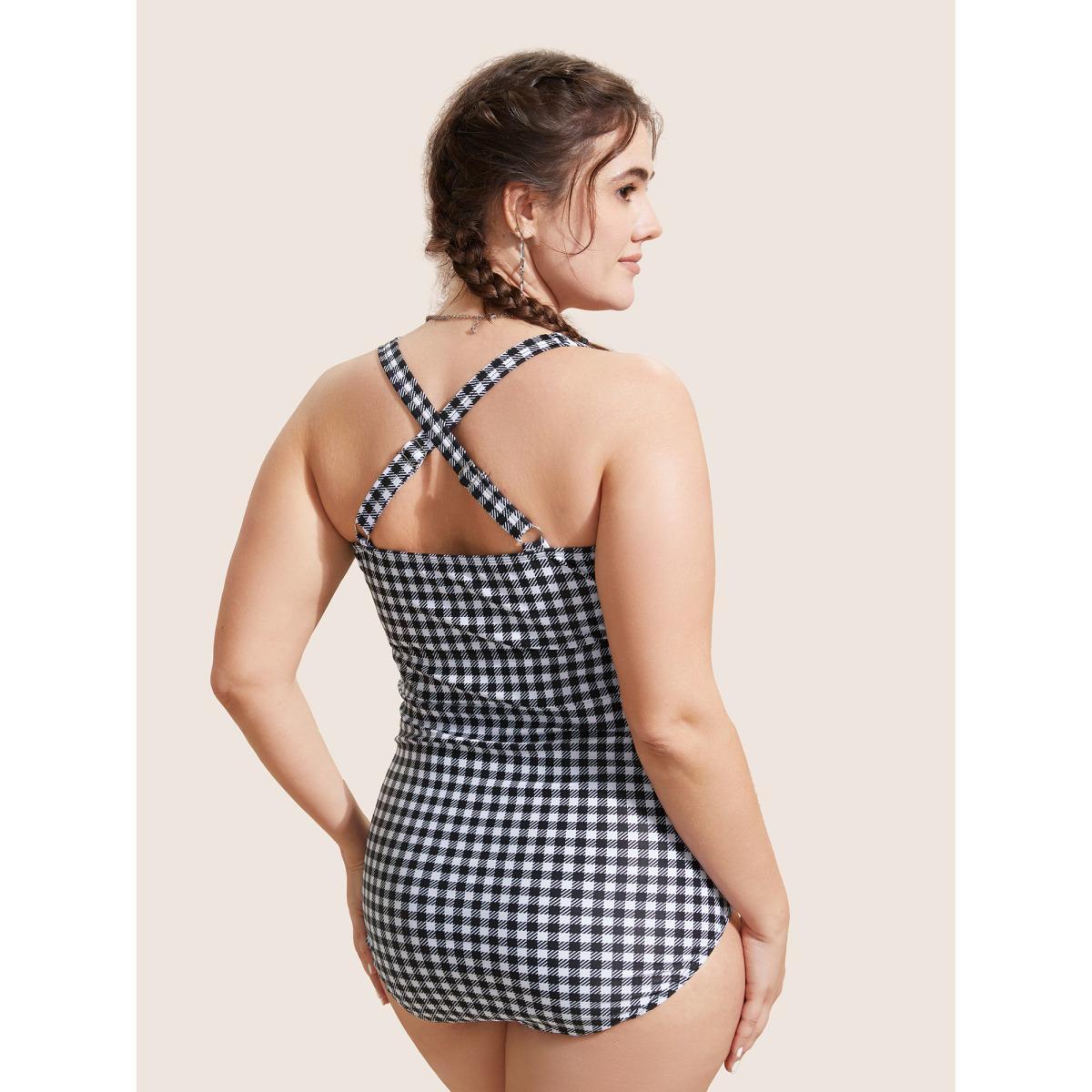 Plus Size Gingham Heart Neckline Crossover One Piece Swimsuit Women's Swimwear Black Beach Twist Curve Bathing Suits High stretch One Pieces BloomChic 28/5X Product Image