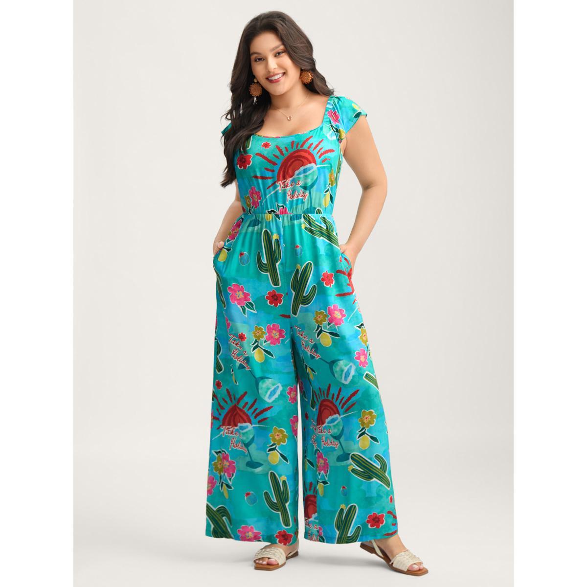 Plus Size Emerald Cactus Holiday Print Cut-Out Back Jumpsuit Women Cap Sleeve Square Neck Vacation Loose Jumpsuits BloomChic 10/M Product Image