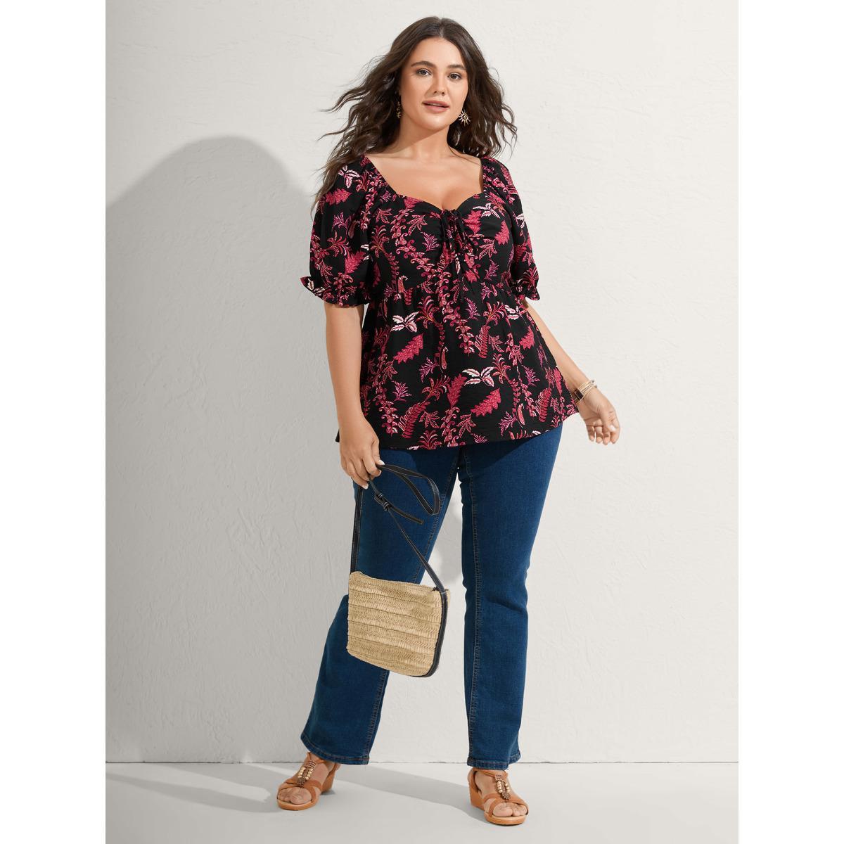 Plus Size Black Boho Print Neck Tie Flowy Shirt Women Short sleeve Heart neckline Vacation Blouses BloomChic 12/L Product Image