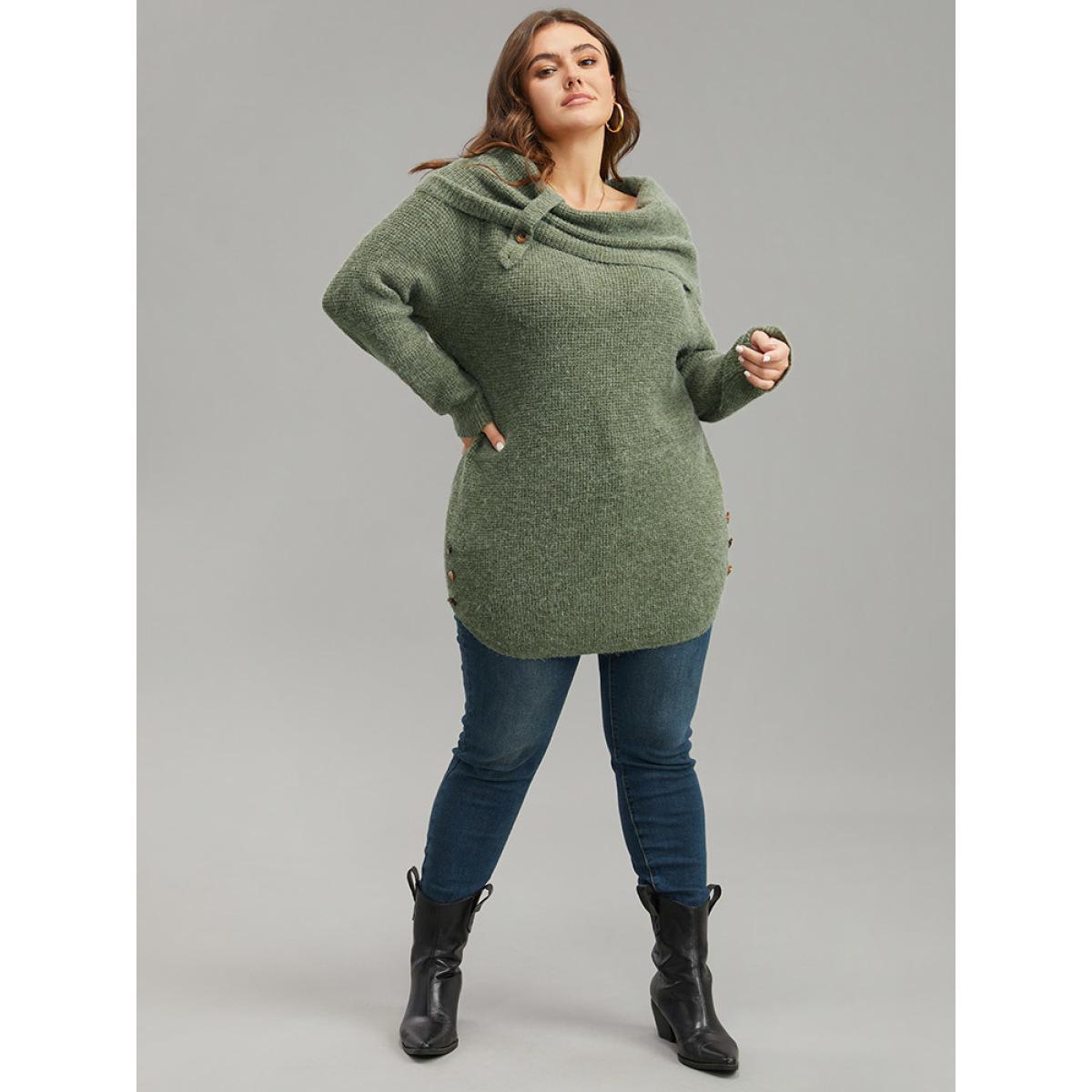 Plus Size Anti-Pilling Lapel Collar Adjustable Button Pullover Moss Women Casual Loose Long Sleeve Lapel Collar Dailywear Pullovers BloomChic 28/5X Product Image