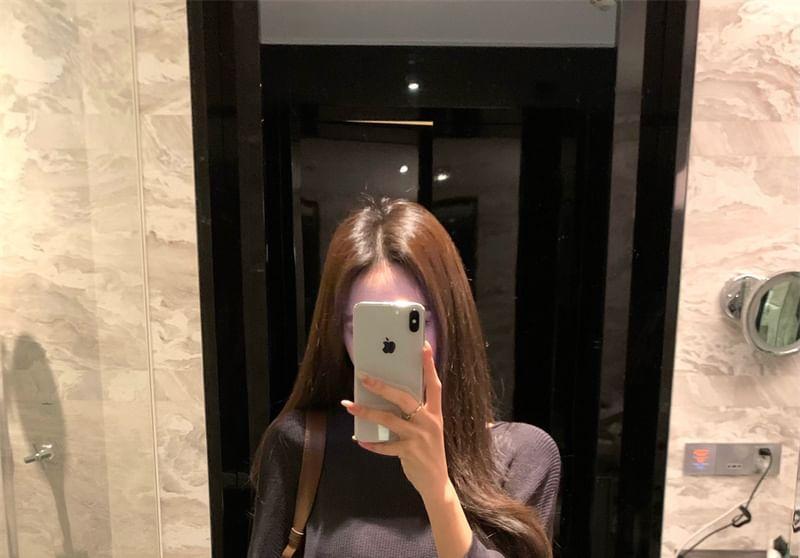 Long-Sleeve Plain Loose-Fit Knit Top / Striped Loose-Fit Pants Product Image