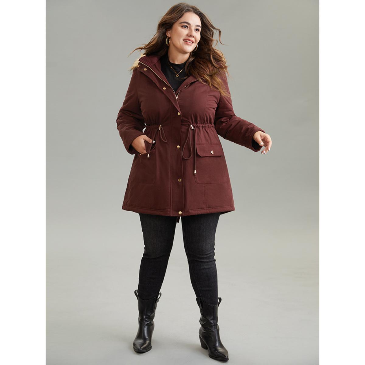 Plus Size Contrast Hooded Fuzzy Trim Drawstring Padded Coat Women Maroon Casual Lined Ladies Dailywear Winter Coats BloomChic 28/5X Product Image