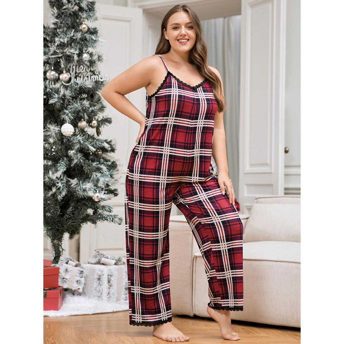 Plus Size Plaid Pocket Lace Trim Cami Jumpsuit Women Multicolor Casual Plaid Lace V-neck Pocket Loungewear BloomChic 22-24/3X Product Image