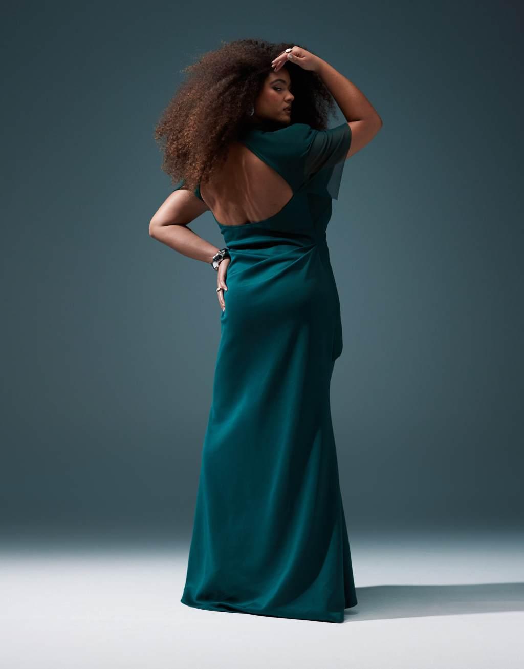 ASOS DESIGN Curve draped mesh shoulder pad premium maxi dress in forest green Product Image
