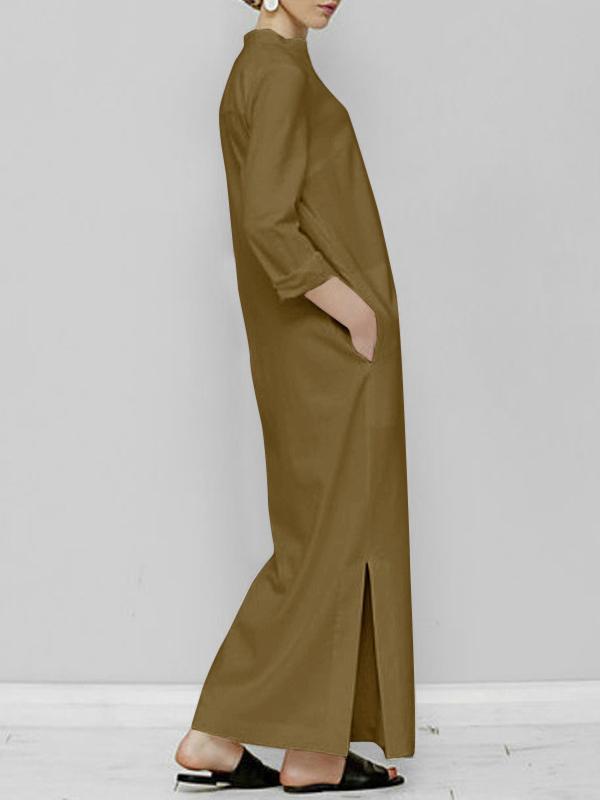 Long Sleeves Loose Solid Color Split-Joint V-Neck Maxi Dresses Product Image