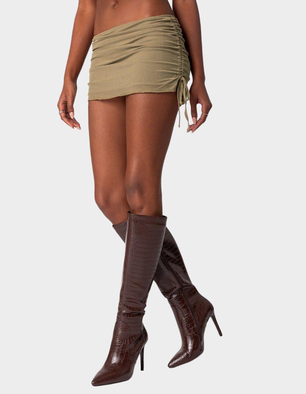 EDIKTED Joy Sheer Mesh Drawstring Mini Skirt - DK GREEN Product Image