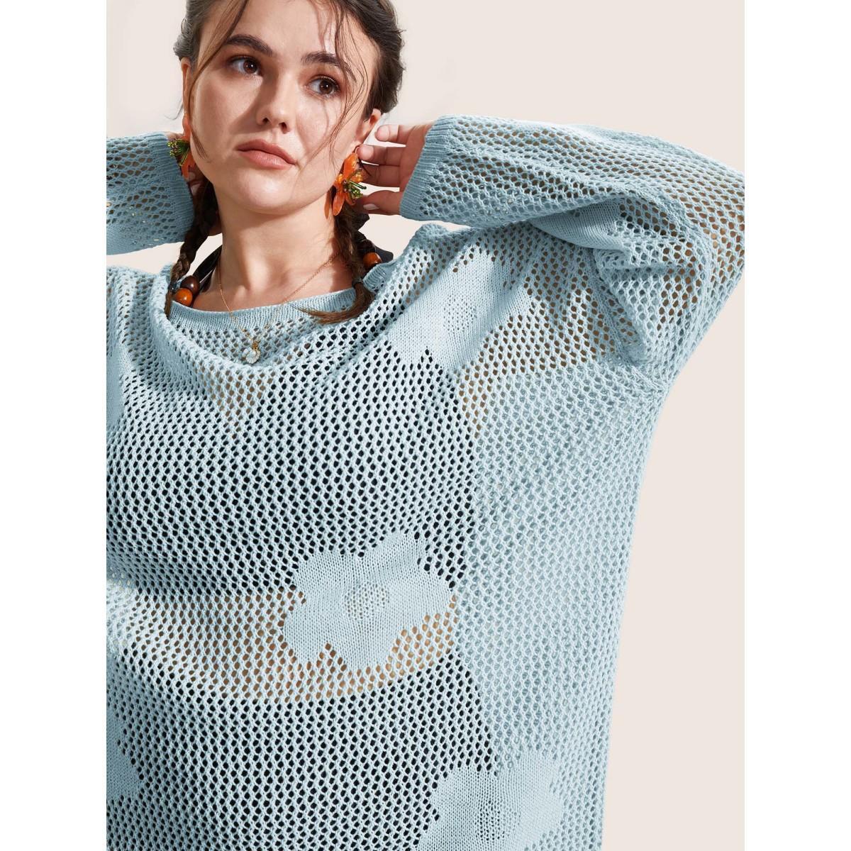 Plus Size Flowers Drop shoulder sleeve Swim Cover Up Women's Swimwear LightBlue Beach Loose Texture Curve Swim Cover Ups BloomChic 12/L Product Image