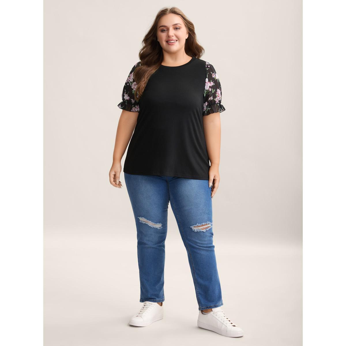 Plus Size Printed Puff Sleeve Crew Neck T-Shirt Black Women Elegant Gathered Natural Flowers Round Neck Everyday T-shirts BloomChic 22-24/3X Product Image