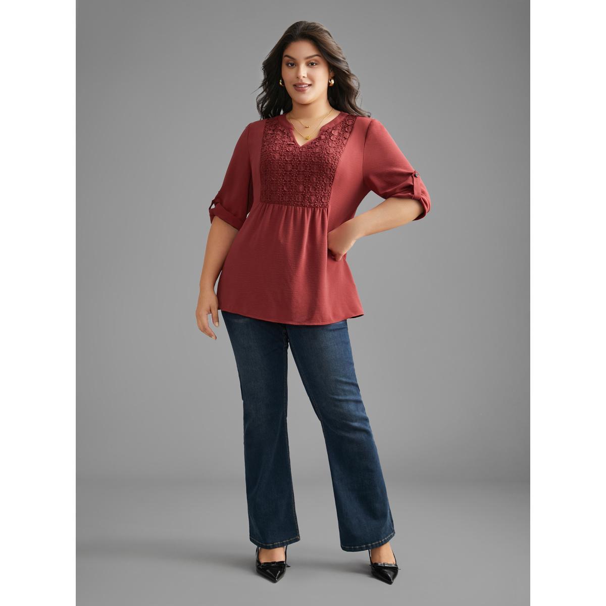 Plus Size Russet Notched Lace Panel Tab Sleeve Blouse Women Elegant Elbow-length sleeve Flat collar with V-notch Everyday Blouses BloomChic 18-20/2X Product Image