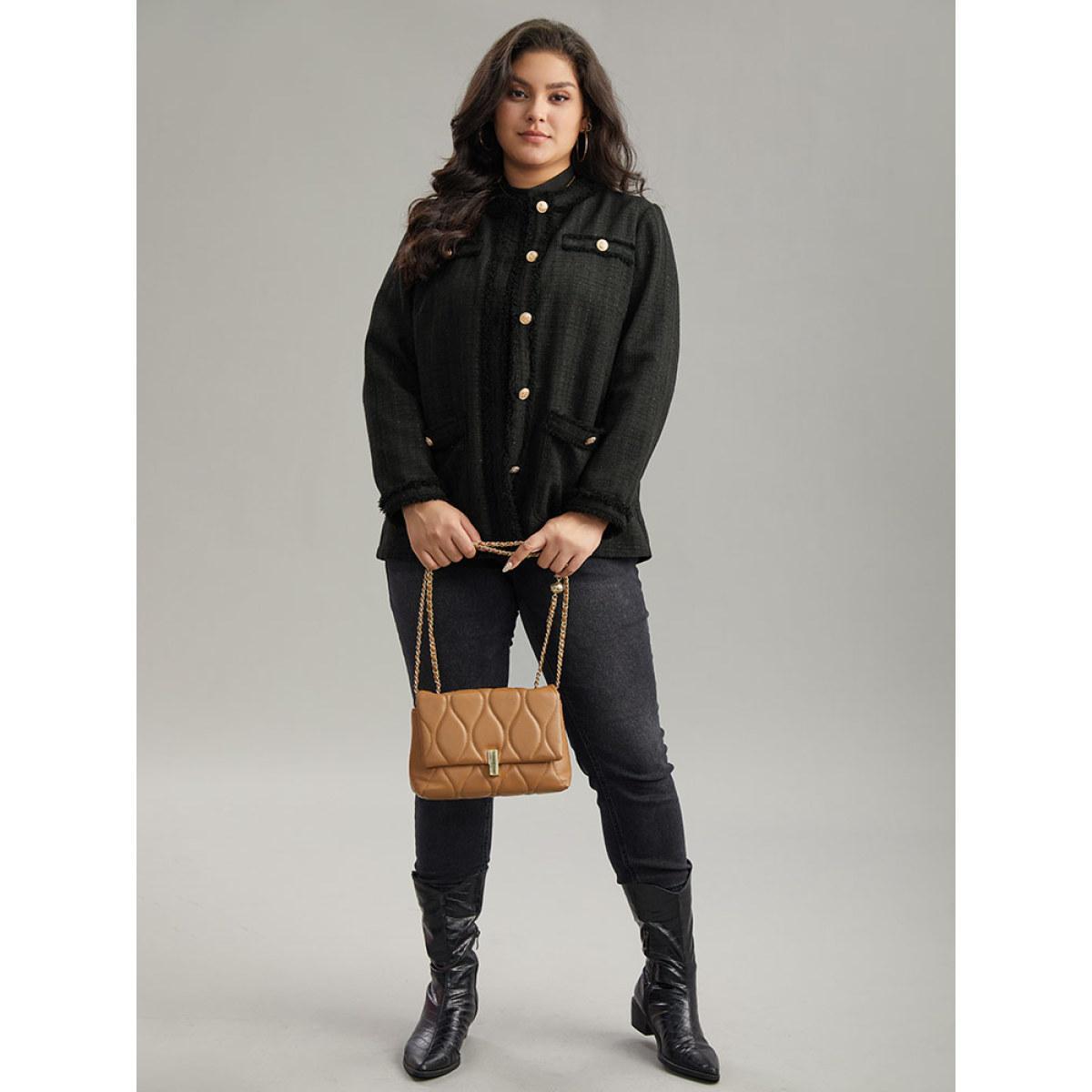 Plus Size Fuzzy Trim Pocket Metal Button Fly Jacket Women Black Casual Plain Ladies Everyday Winter Coats BloomChic 18-20/2X Product Image