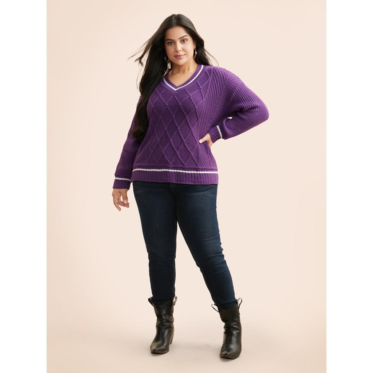 Plus Size Contrast Trim V Neck Texture Pullover DarkViolet Women Casual Loose Long Sleeve V-neck Everyday Pullovers BloomChic 18-20/2X Product Image