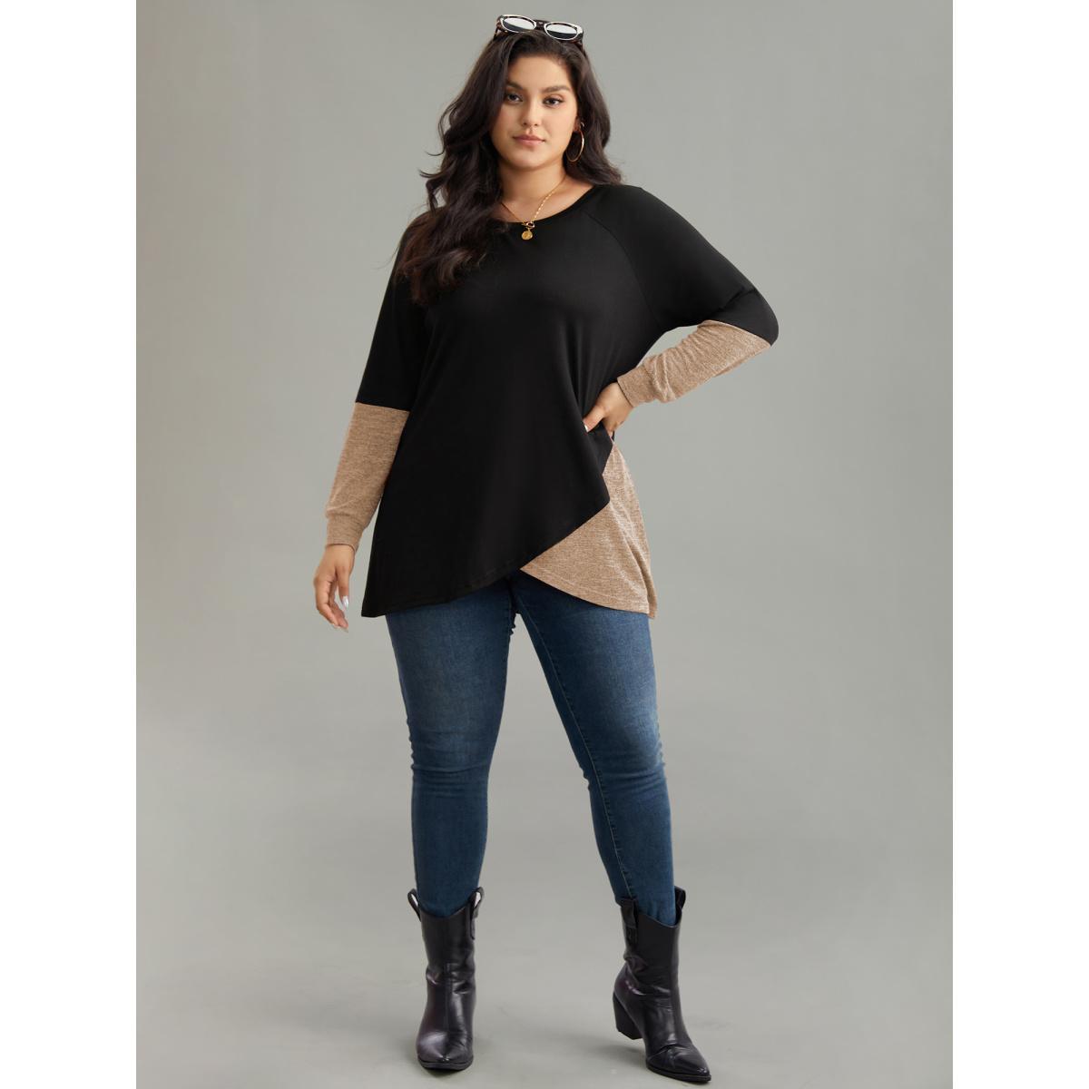Plus Size Two Tone Patchwork Heather Arc Hem T-shirt Tan Women Casual Contrast Plain Round Neck Dailywear T-shirts BloomChic 26/4X Product Image