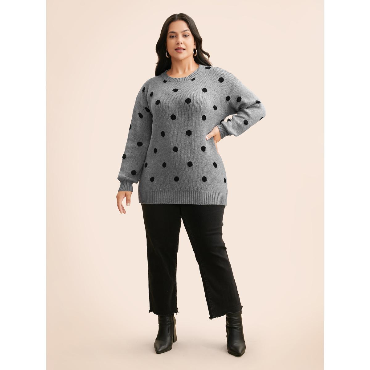 Plus Size Polka Dot Drop Shoulder Sleeve Pullover Mediumgray Women Casual Loose Long Sleeve Round Neck Everyday Pullovers BloomChic 12/L Product Image